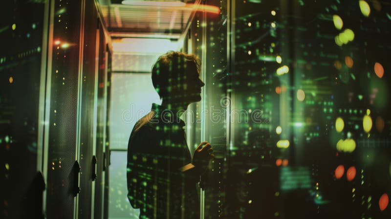 An IT professional is working within the vibrant and colorful illuminated aisles of a data center, surrounded by server royalty free stock photography