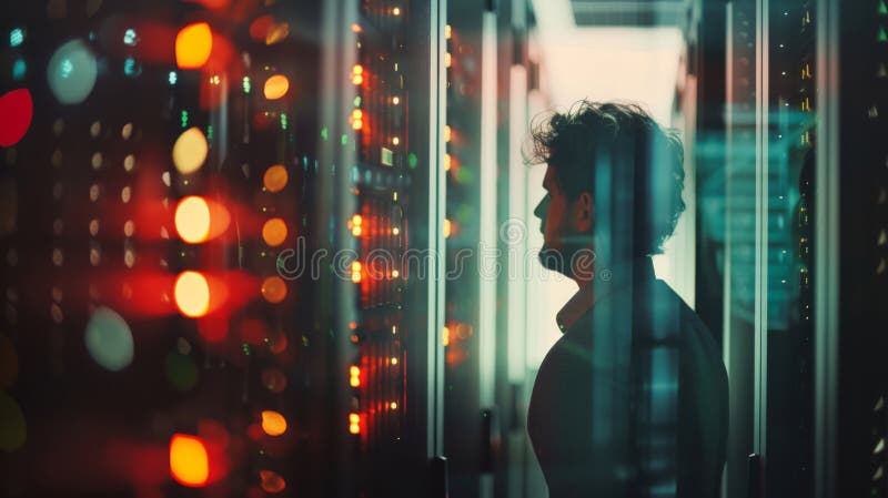 An IT professional is working within the vibrant and colorful illuminated aisles of a data center, surrounded by server royalty free stock photos