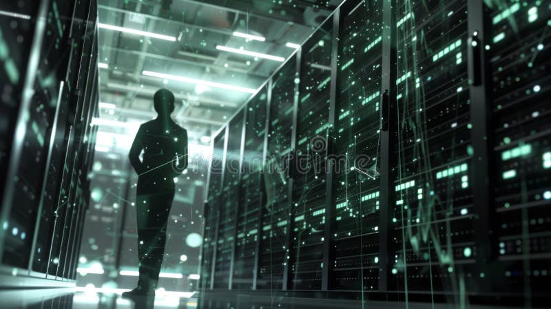An IT professional is working within the vibrant and colorful illuminated aisles of a data center, surrounded by server stock photo