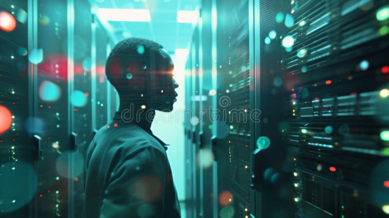 An IT professional is working within the vibrant and colorful illuminated aisles of a data center, surrounded by server royalty free stock photos