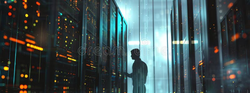 An IT professional is working within the vibrant and colorful illuminated aisles of a data center, surrounded by server royalty free stock images
