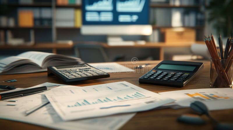 Professional workspace with charts, a calculator, and documents during a productive office day stock photos