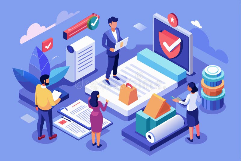 Professionals engaged in consent management, reviewing documents and digital assets in a vibrant, isometric office setting. User consent vectors