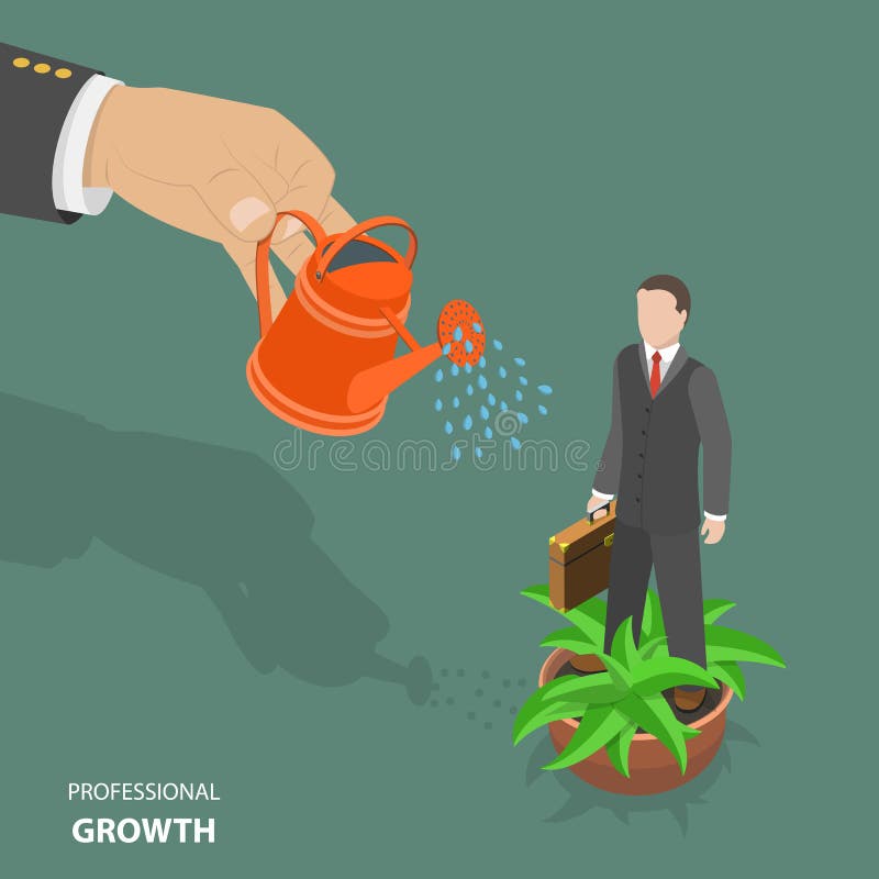 Professional growth flat isometric low poly vector concept. Big hand watering an employee in flowerpot. Displays a work of human resources management. Professional growth flat isometric low poly vector concept. Big hand watering an employee in flowerpot. Displays a work of human resources management.