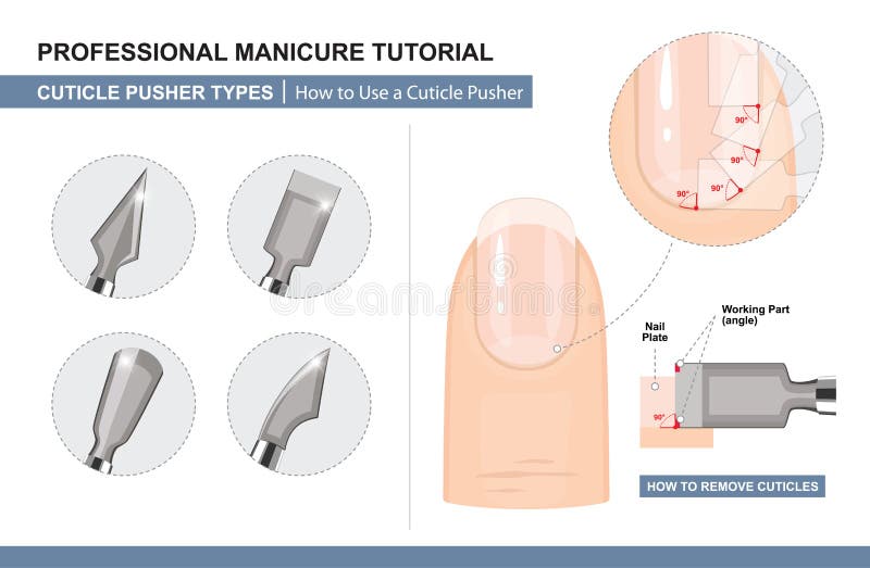 Professional Manicure Tutorial. How to Use a Cuticle Pusher. How to Remove Cuticles. Nail Extension and Manicure Tools. Pusher Types. Vector illustration. Professional Manicure Tutorial. How to Use a Cuticle Pusher. How to Remove Cuticles. Nail Extension and Manicure Tools. Pusher Types. Vector illustration