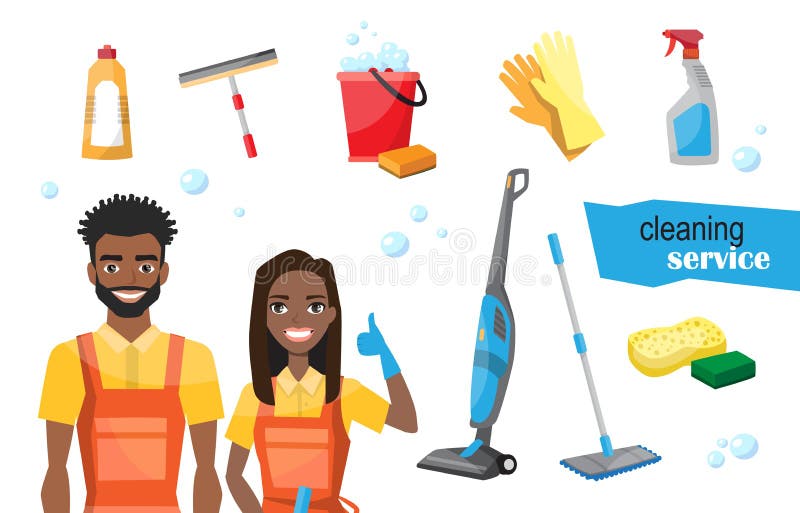 Professional cleaners team. Young black african american smiling couple are holding cleaning tools. Cleaning service employees with professional equipment. Professional cleaners team. Young black african american smiling couple are holding cleaning tools. Cleaning service employees with professional equipment