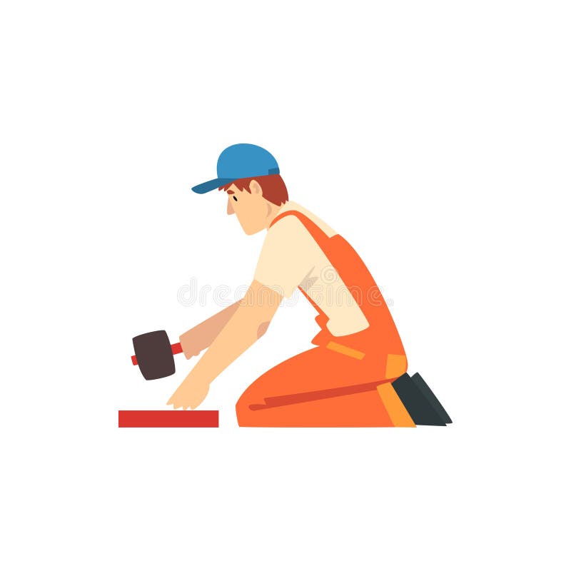 Professional Builder with Rubber Mallet, Male Construction Worker Character in Orange Overalls and Blue Cap with Equipment Vector Illustration on White Background. Professional Builder with Rubber Mallet, Male Construction Worker Character in Orange Overalls and Blue Cap with Equipment Vector Illustration on White Background.
