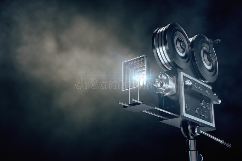 Professional camera on dark background with smoke. Filming and cinematography concept. 3D Rendering. Professional camera on dark background with smoke. Filming and cinematography concept. 3D Rendering