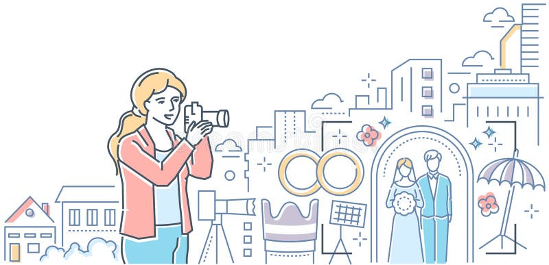 Professional photography - colorful line design style illustration on white background. Quality header with a girl with a camera taking pictures of a wedding, urban landscape, equipment. Professional photography - colorful line design style illustration on white background. Quality header with a girl with a camera taking pictures of a wedding, urban landscape, equipment