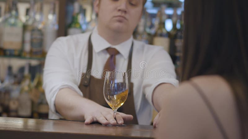 Professionele jonge gebaarde man en onherkenbare donkerbruine vrouwenzitting bij de barteller Het mollige barman mengen zich