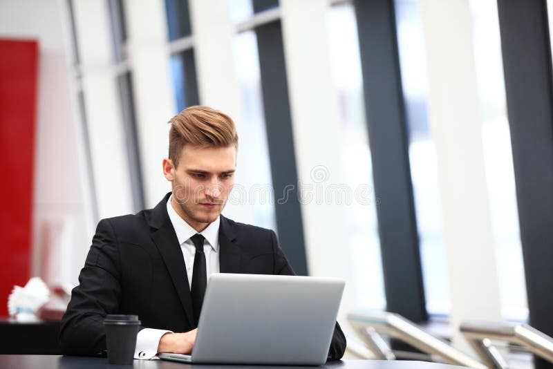 Professionele knappe zakenman die laptop met behulp van op het werk royalty-vrije stock afbeeldingen Professionele knappe zakenman die laptop met behulp van op het werk royalty-vrije stock afbeeldingen