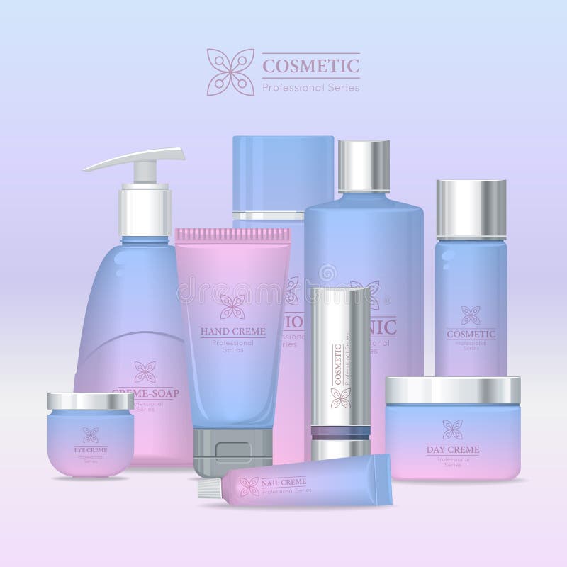 Professional series cosmetic set . Hand cream, cream soap, eye cream, lotion, tonic, nail cream, day and night cream, shampoo, scrub. Part of series of decorative cosmetics items. Vector. Professional series cosmetic set . Hand cream, cream soap, eye cream, lotion, tonic, nail cream, day and night cream, shampoo, scrub. Part of series of decorative cosmetics items. Vector