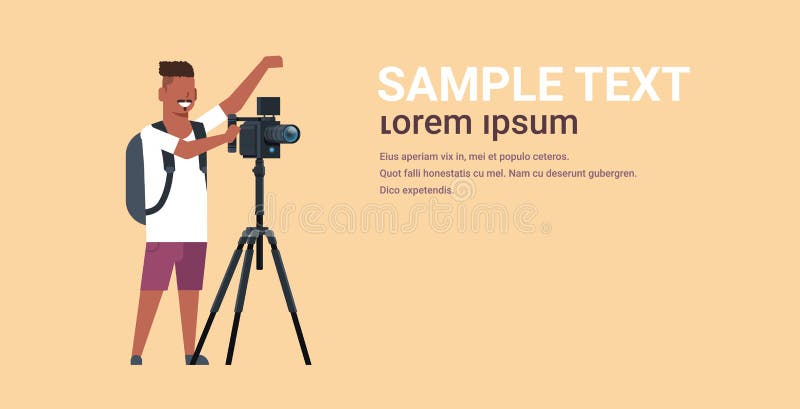 Professional videographer using camera on tripod african american man shooting video on steady cam horizontal full length flat copy space vector illustration. Professional videographer using camera on tripod african american man shooting video on steady cam horizontal full length flat copy space vector illustration