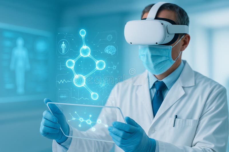 Professionista medico generato dall'intelligenza artificiale con cuffia VR che mostra un ologramma di molecole umane simboleggiant illustrazione di stock