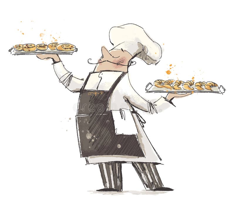 Professions. sketch of a baker holding trays with fresh pastry: croissants and rolls. cartoon hand drawn illustration