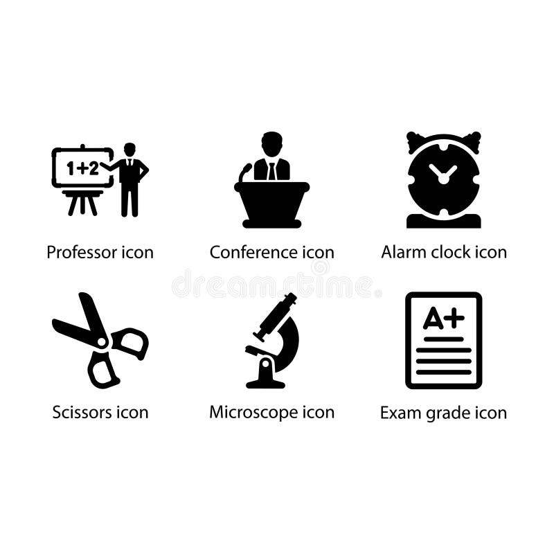 Professor, Conference, Alarm clock, Scissors, Microscope, Exam grade, icon royalty free illustration