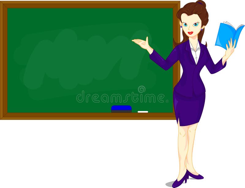 Professor fêmea dos desenhos animados que está ao lado de um quadro-negro ilustração stock Professor fêmea dos desenhos animados que está ao lado de um quadro-negro ilustração stock