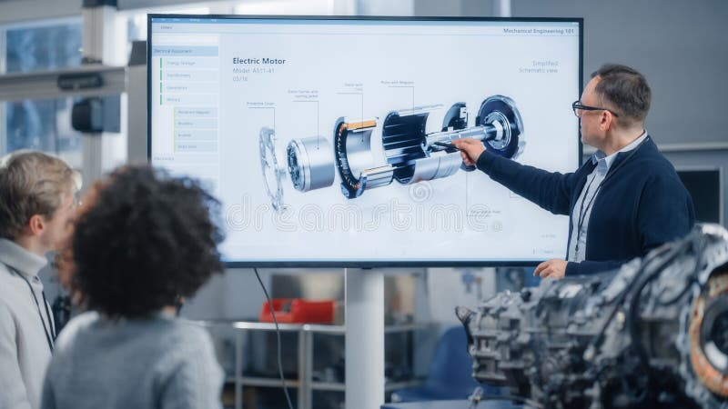 Professor Lectures Diverse Group of Multi Ethnic Students and Pointing at Model of Turbine Engine on stock photos