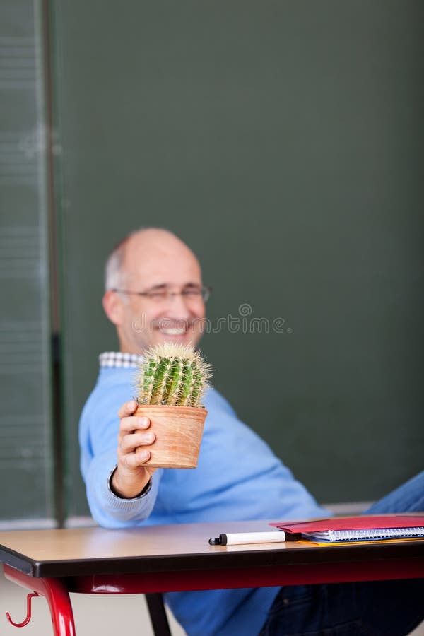 Professor Showing Cactus Plant At Desk royalty free stock photo