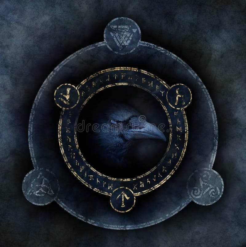 Celtic Crow Prophecy with a sinister crow head materialising within a circular emblem of elaborate Celtic, pagan and runic symbols. Celtic Crow Prophecy with a sinister crow head materialising within a circular emblem of elaborate Celtic, pagan and runic symbols.