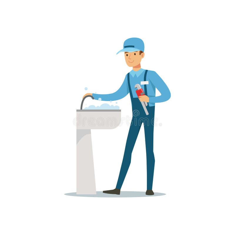Plumber Repair Faucet Tap Cartoon Stock Vector - Illustration of wrench