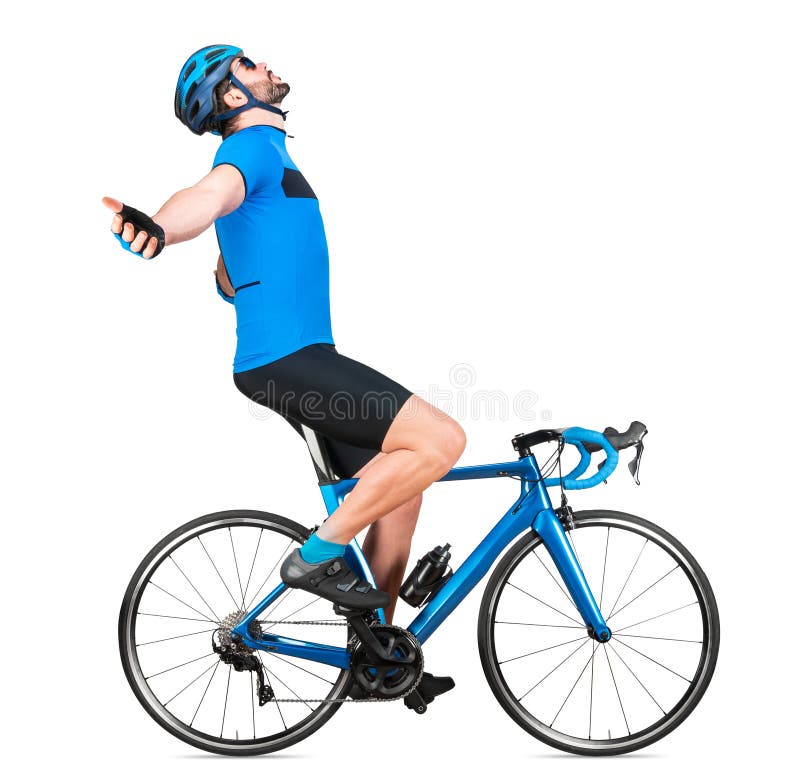 Profi-Radrennfahrer in blauem Sportjersey auf hellen Carbon Race-Rennen feiern gewinnen Sport stockfotografie Profi-Radrennfahrer in blauem Sportjersey auf hellen Carbon Race-Rennen feiern gewinnen Sport stockfotografie