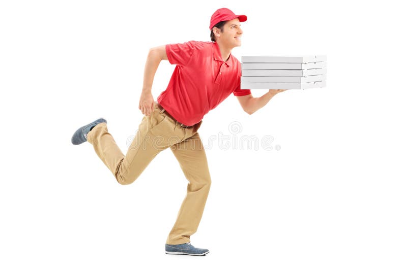 Profiel van de kerel van de pizzalevering het lopen wordt geschoten die royalty-vrije stock fotografie Profiel van de kerel van de pizzalevering het lopen wordt geschoten die royalty-vrije stock fotografie