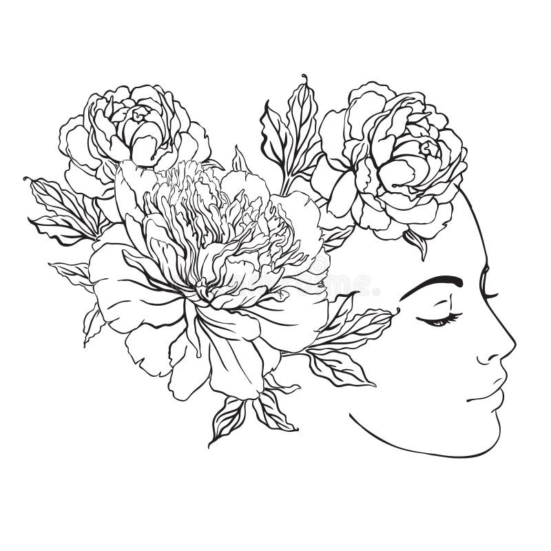 Profiel van een jong meisje met pioenen in haar haar Getrokken hand vec vector illustratie Profiel van een jong meisje met pioenen in haar haar Getrokken hand vec vector illustratie