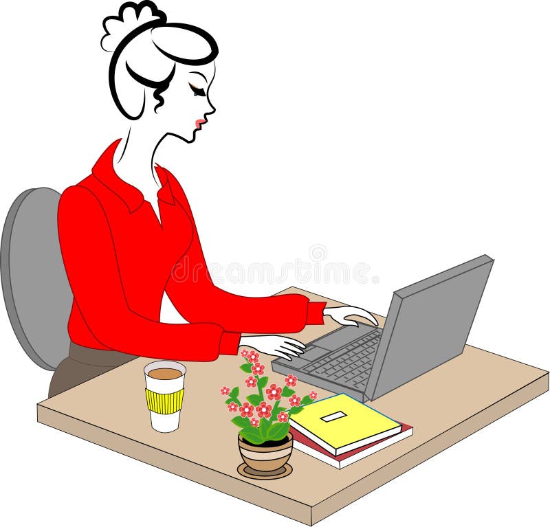 Profil av en s?t dam Unga flickan p? arbete i kontoret sitter p? en tabell och arbeten p? datoren ocks? vektor f?r coreldrawillus royaltyfri illustrationer Profil av en s?t dam Unga flickan p? arbete i kontoret sitter p? en tabell och arbeten p? datoren ocks? vektor f?r coreldrawillus royaltyfri illustrationer