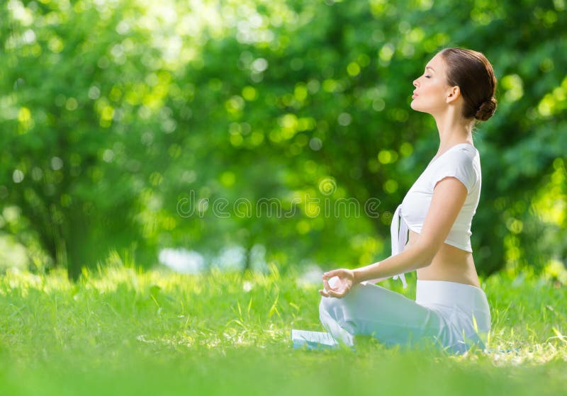 Profil de femme folâtre dans faire des gestes de zen de position de lotus images libres de droits Profil de femme folâtre dans faire des gestes de zen de position de lotus images libres de droits