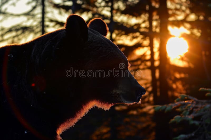 Profil mit Sonnenuntergang über Wald. Bärenprofil mit Sonnenuntergang über Wäldern, erzeugt mit generativen ai ai generiert
