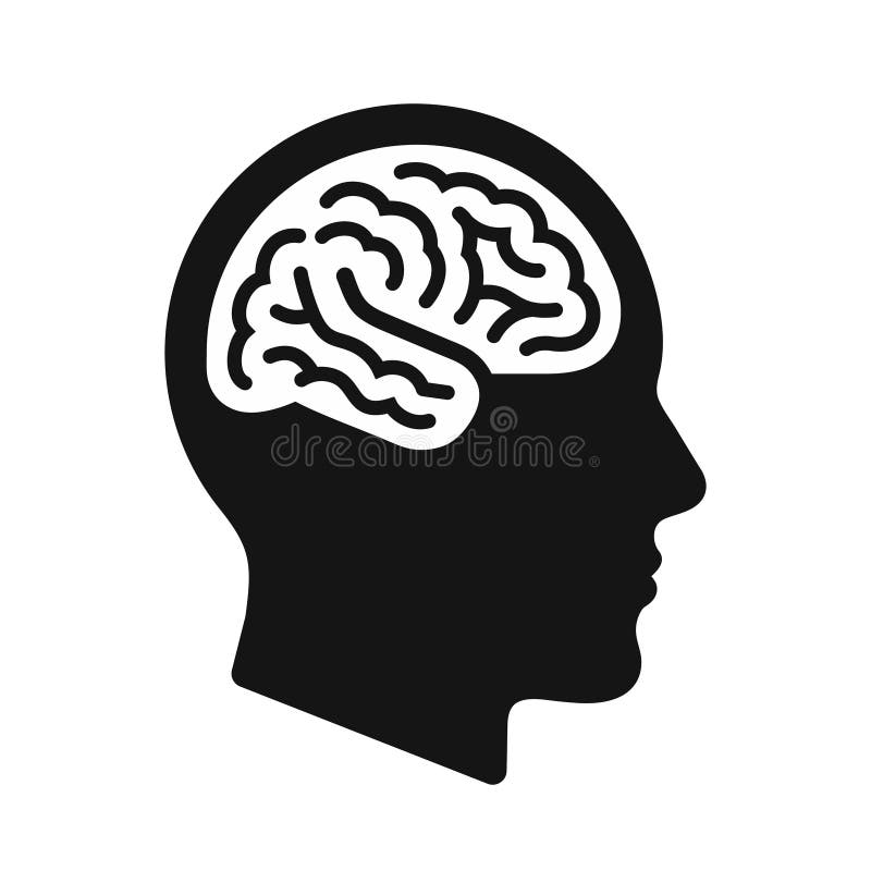 Profil principal humain avec le symbole de cerveau, illustration noire de vecteur d'icône