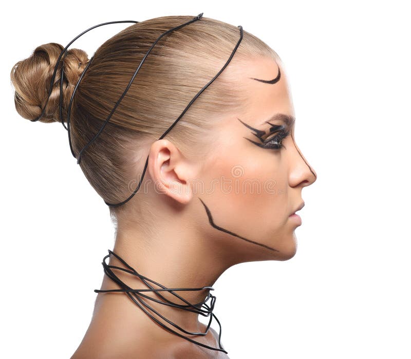 Profile face of beautiful cyber girl with linear black makeup i