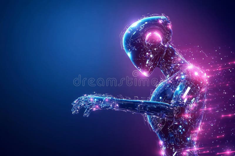 Profile of a futuristic humanoid robot with glowing circuits, symbolizing AI and technology. stock image