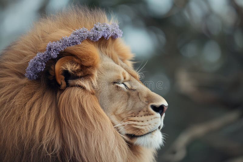 Profile of a lion with a lavender crown, eyes closed royalty free stock photography