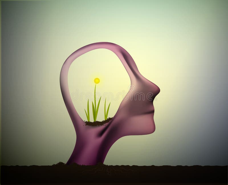 Profile of the man with flower plant growing inside his head, think positive, refresh the nerve system