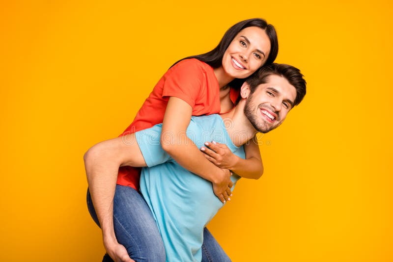 Profile photo of two charming people guy carrying lady piggyback meet summer adventures together wear casual stylish