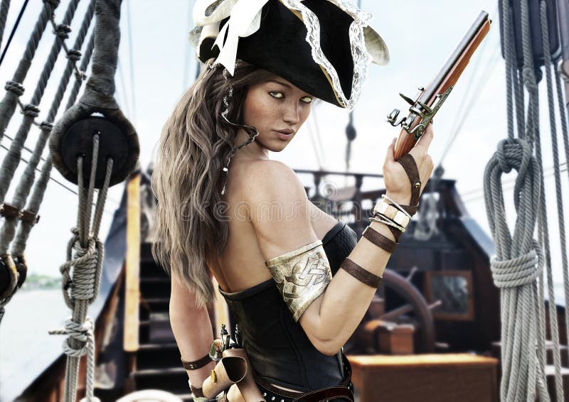 Profile of a Pirate female captain standing on the deck of her ship with pistol in hand. vector illustration