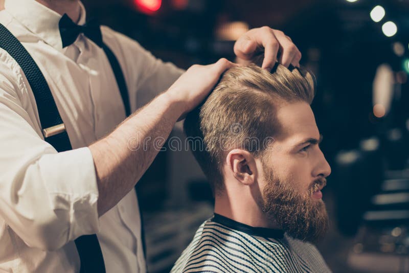 Profile Side Close Up View Portrait of Handsome Virile Macho Man Having His Hair Cut in Barbershop. Fashion Hair Care Concept Stock Photo - Image of beard, classy: 119247574 Profile Side Close Up View Portrait of Handsome Virile Macho Man Having His Hair Cut in Barbershop. Fashion Hair Care Concept Stock Photo - Image of beard, classy: 119247574