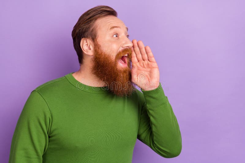 Profile side photo funny excited guy screaming about black friday big sales bargains isolated on violet color background stock photo