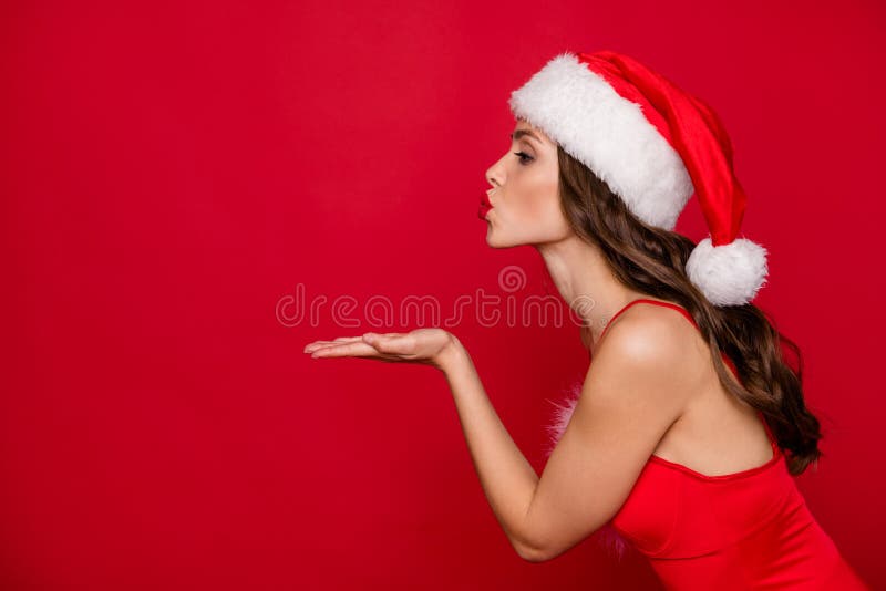 Profile side photo of pretty person with wavy long hairstyle sending air kisses on festive event wearing stylish dress royalty free stock photography Profile side photo of pretty person with wavy long hairstyle sending air kisses on festive event wearing stylish dress royalty free stock photography