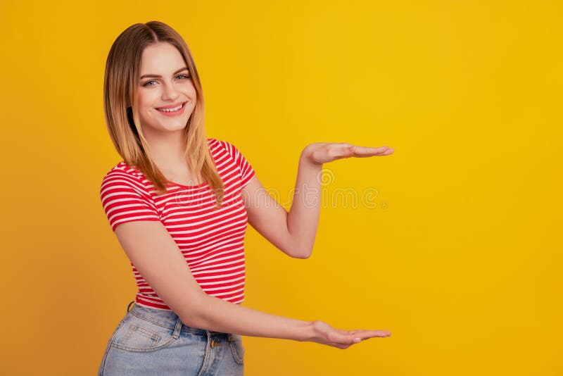 Profile Side Photo of Young Girl Show Hands Measure Metaphor Size Isolated  Over Yellow Color Background Stock Photo - Image of sign, cheerful:  231992836