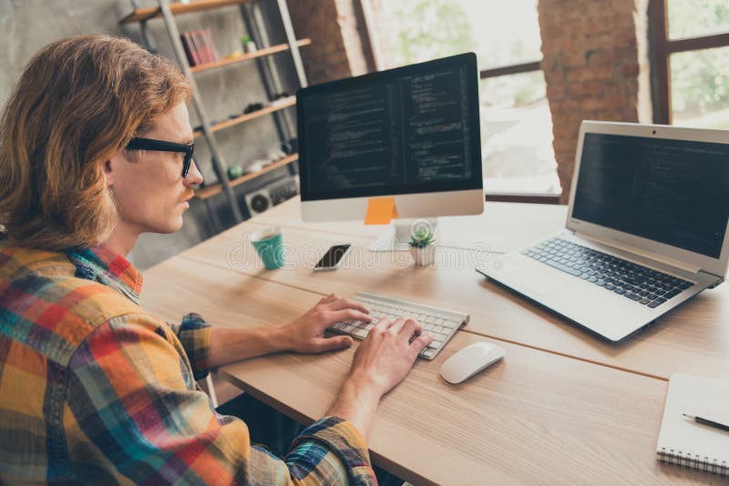 Profile Side Photo of Young Man Typing Keyboard Coder Programmer ...
