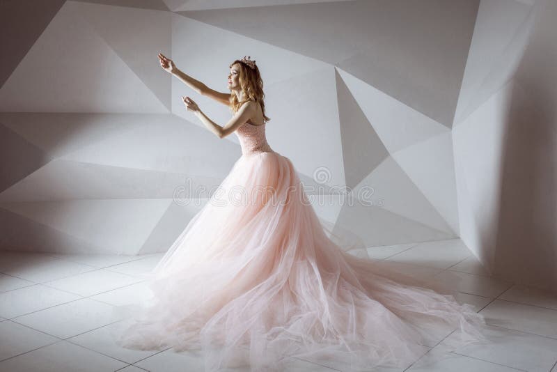 Profile side view portrait of beautiful young woman in crown and luxury pink long dress, standing and posing on grey polygonal stock images Profile side view portrait of beautiful young woman in crown and luxury pink long dress, standing and posing on grey polygonal stock images