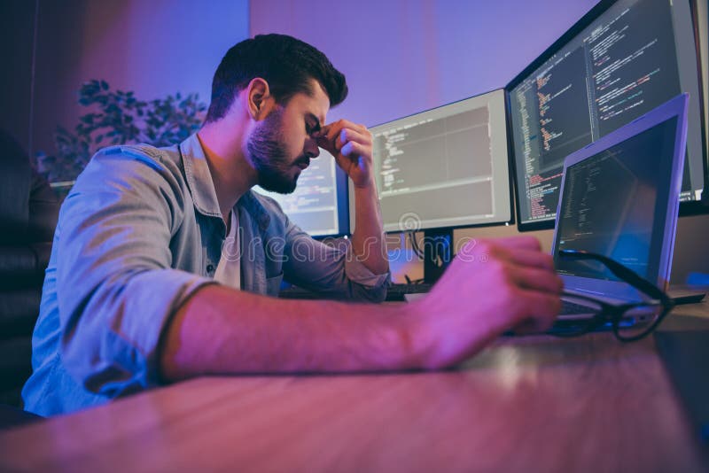 Profile side view portrait of his he nice attractive sad exhausted overworked guy feeling bad touching temples fail royalty free stock photography