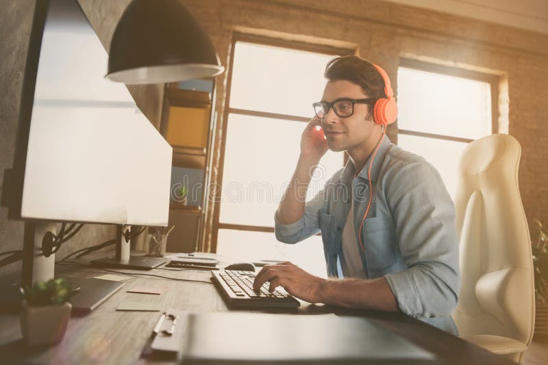 Profile side view portrait of his he nice busy friendly guy typing consulting client remotely tech support ip address stock photo