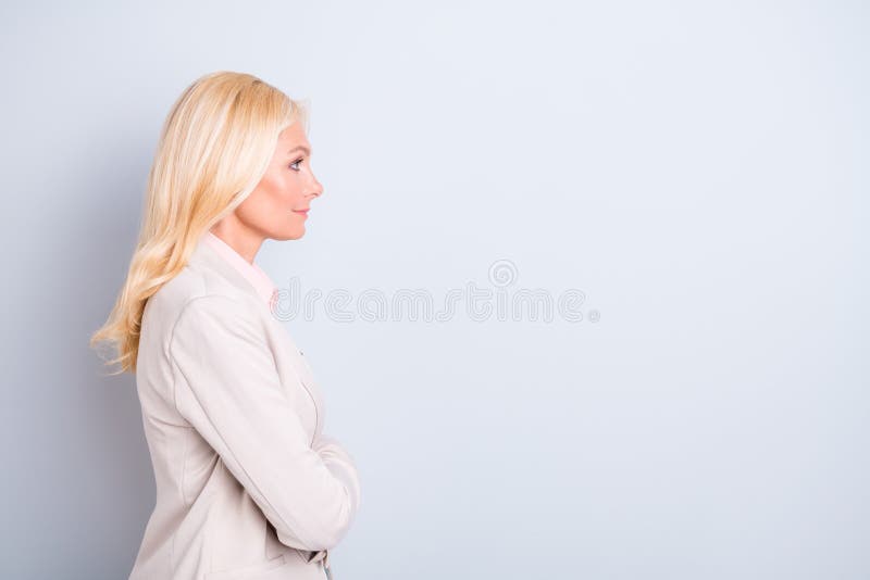Profile side view portrait of nice attractive kind lovely peaceful calm wavy-haired lady copy empty blank space isolated stock photo Profile side view portrait of nice attractive kind lovely peaceful calm wavy-haired lady copy empty blank space isolated stock photo