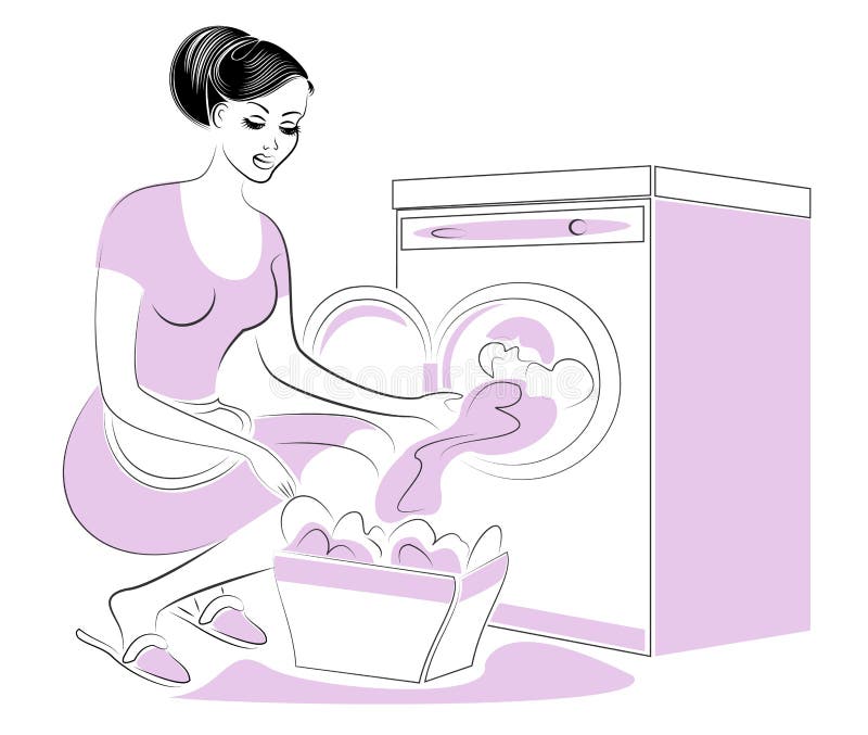 The girl is washing on the washing machine, laying dirty laundry. 
