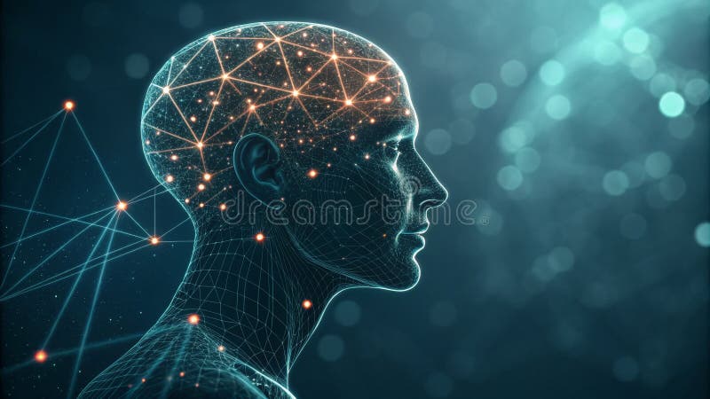 Profile View Networked Mind, Digital Mesh, Teal Bokeh vector illustration