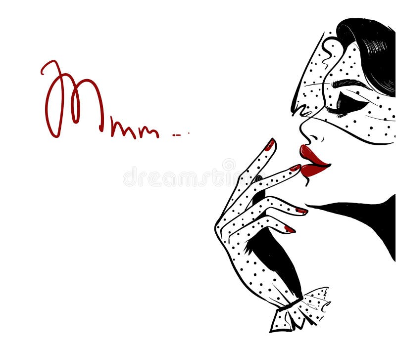 Profile of woman in dots veil and red lips royalty free illustration